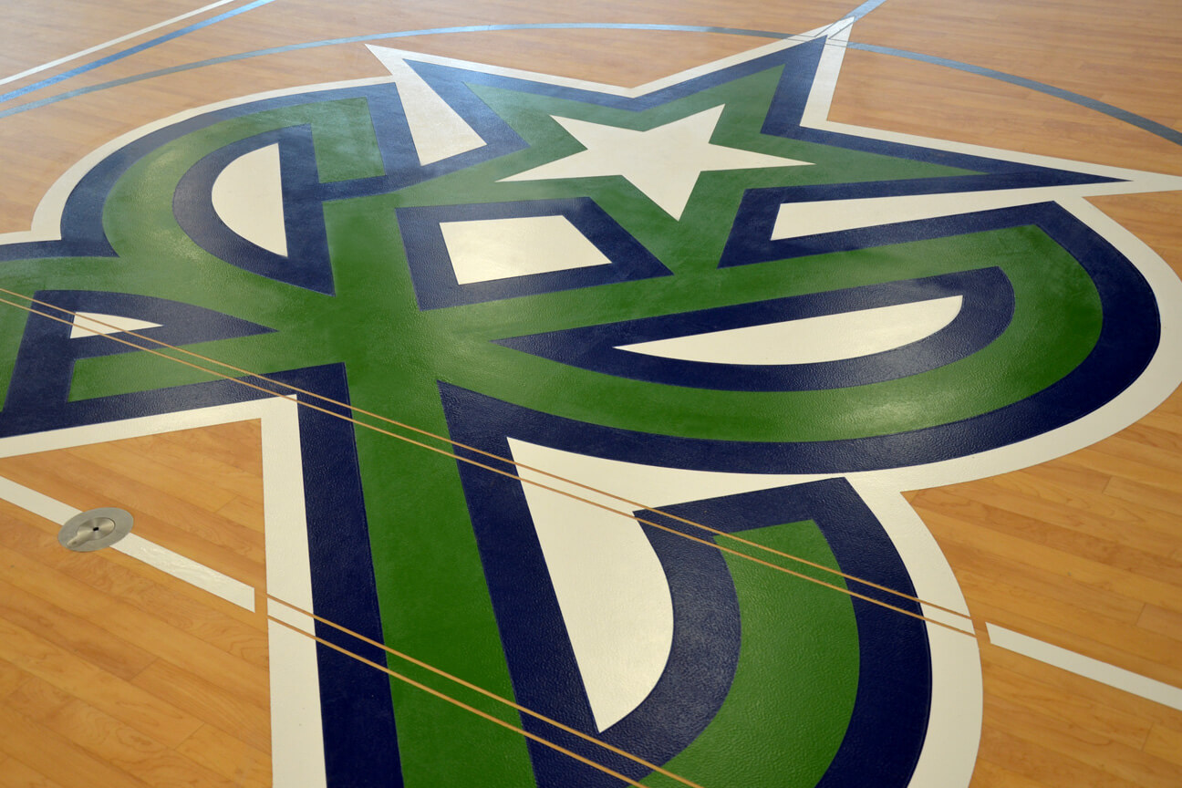 Central logo with specialised game line paint at Durocher College (Saint-Lambert, Quebec)