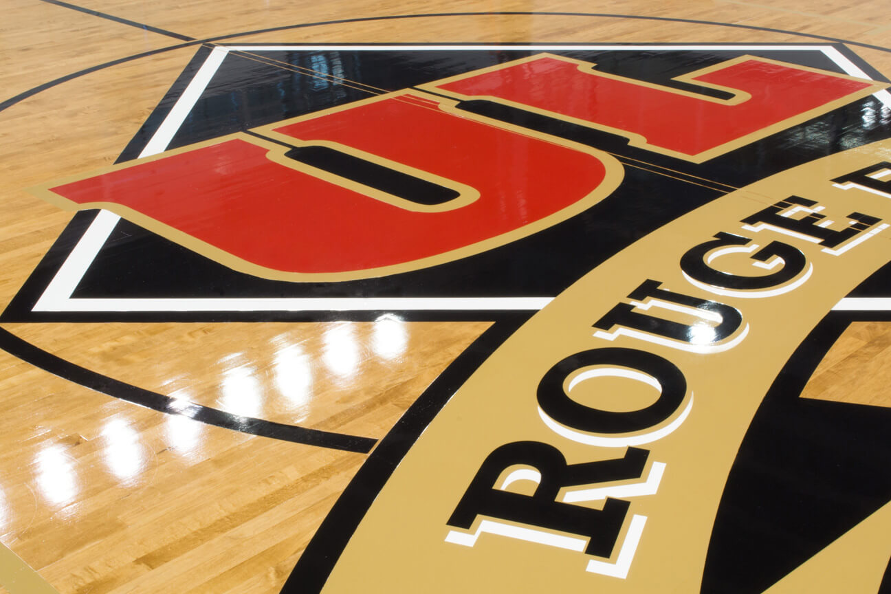 Painted logo on the gymnasium hardwood floor at Laval Universitity in Quebec city