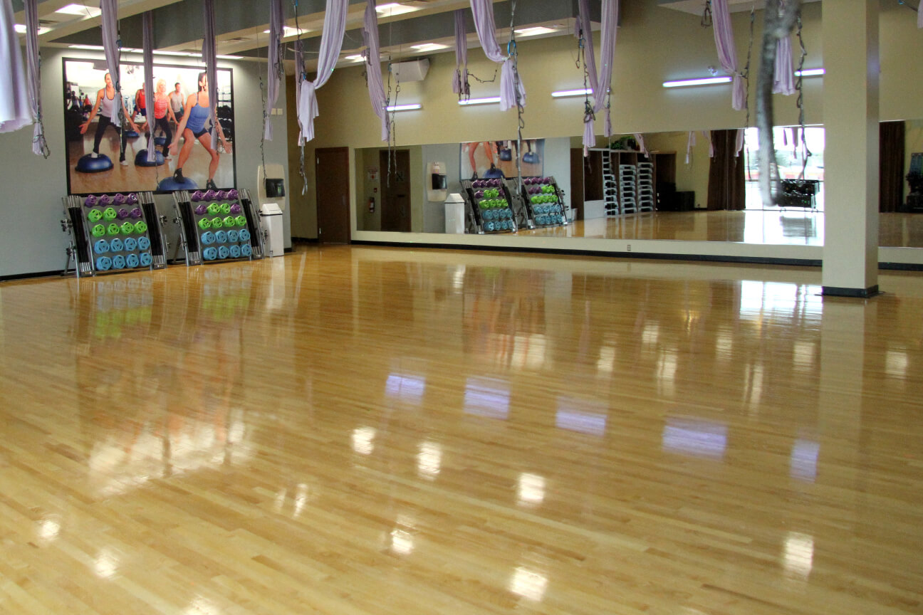 Aerobics and dance room made of Action hardwood at Movati Athletic (Kitchener-Waterloo, Ontario)