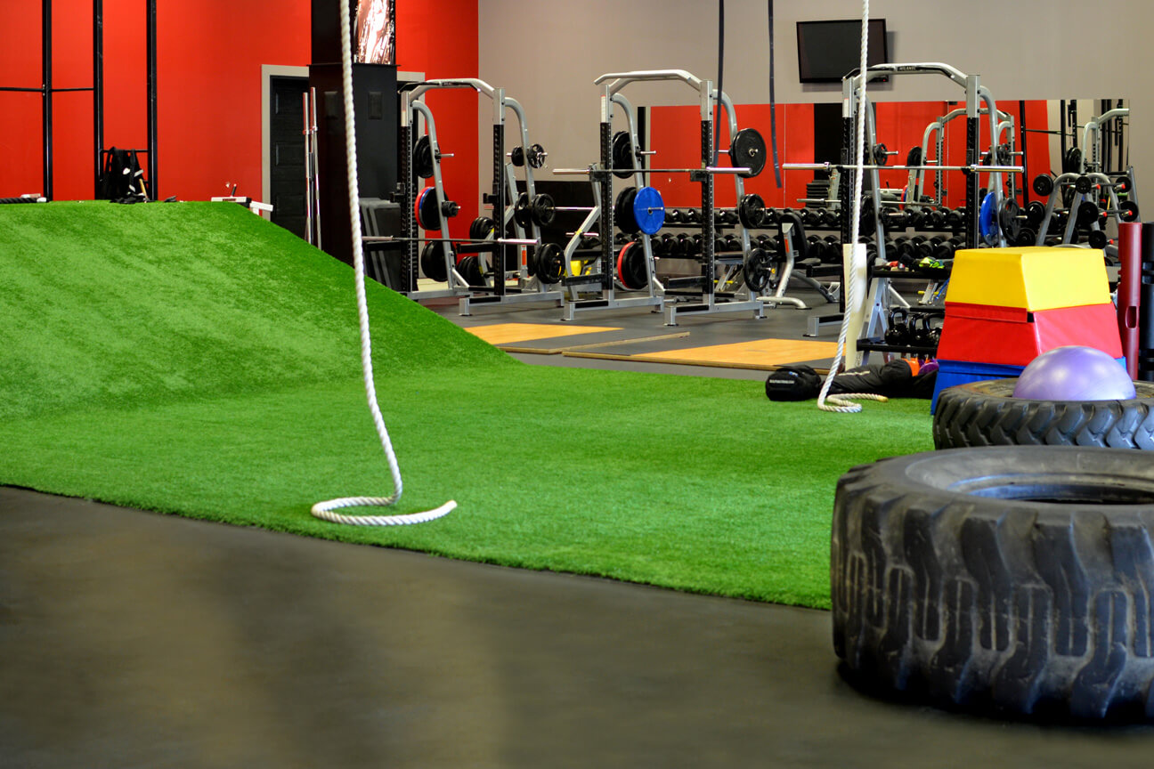 Gym synthetic turf TurfLink TL60 surface and MaxMat+ rubber at Ô Sommet (Laval, Quebec)