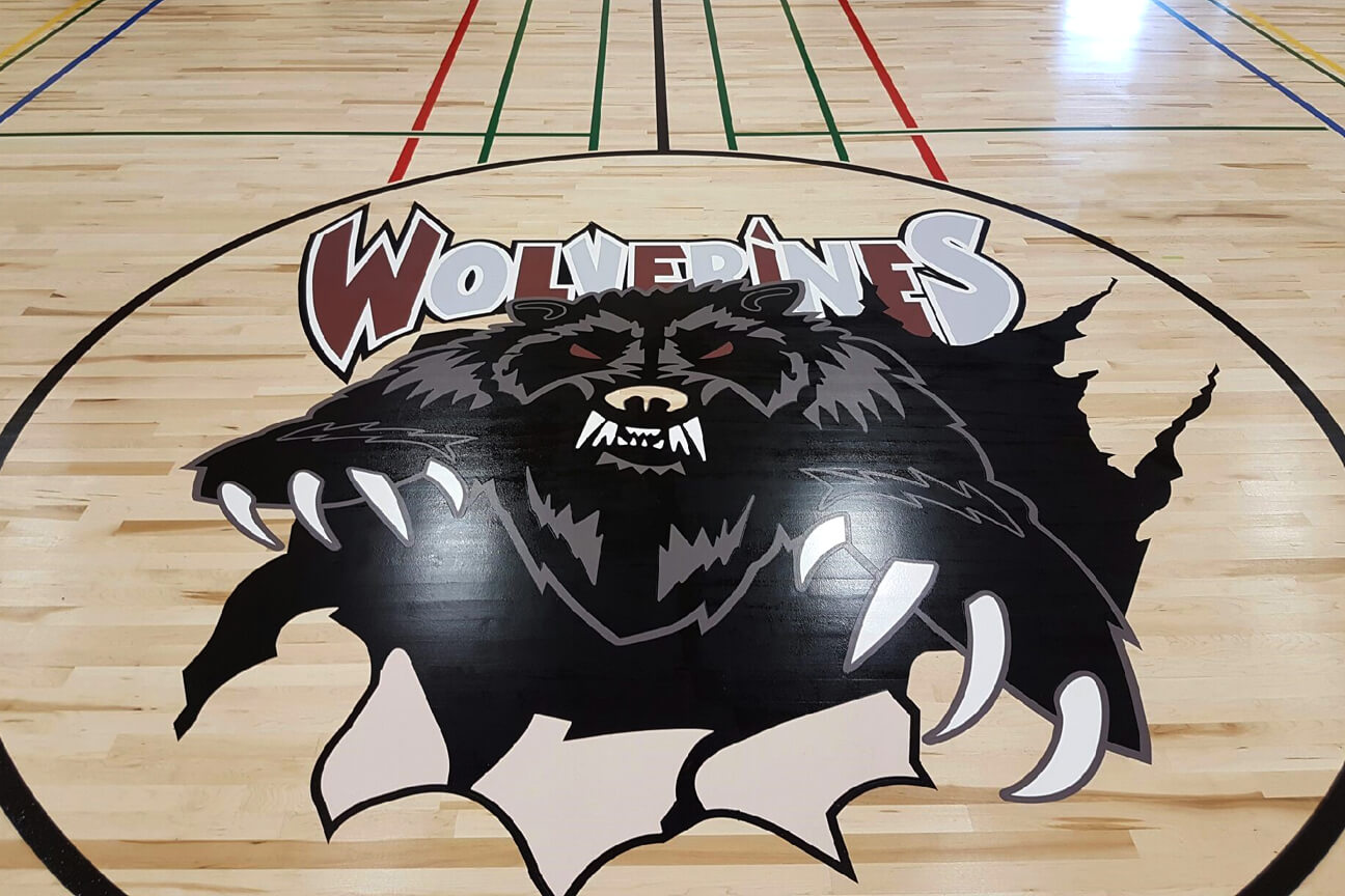 Central logo with specialised game line paint logo at Manitouwadge High School (Manitouwadge, Ontario)