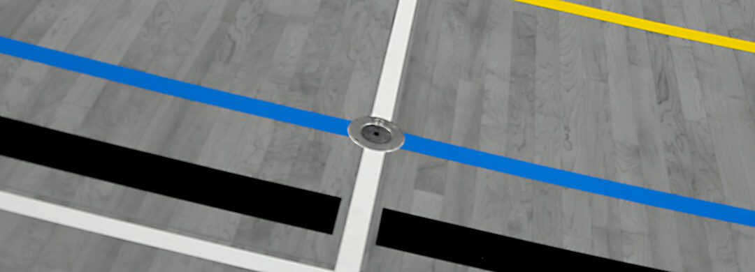 Socket in sports floor with game lines