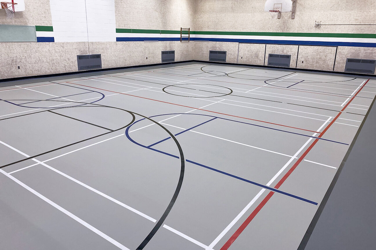 Gymnasium poured polyurethane PolyTurf Plus sports system at Honey Harbour Public School (Honey Harbour, Ontario)