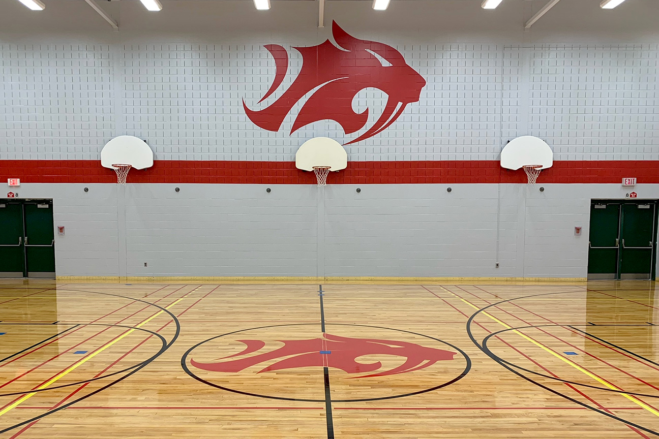 Refinished hardwood gymnasium flooring at Southwood Secondary School (Cambridge, Ontario)