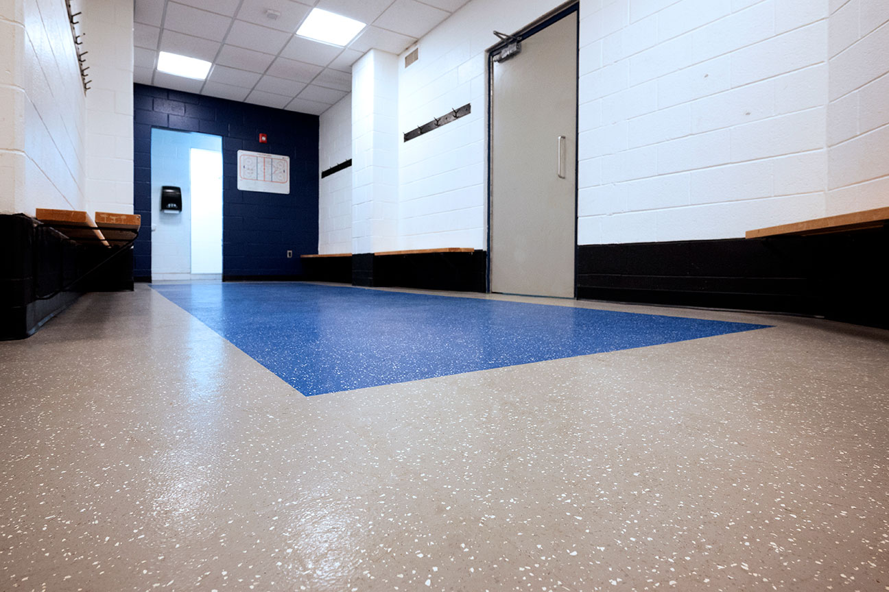 Rubber flooring in arena change room (Richmond Hill, Ontario)