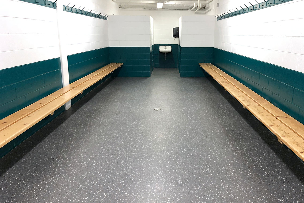 Rubber skate-resistant flooring in change room (Strathroy, Ontario)