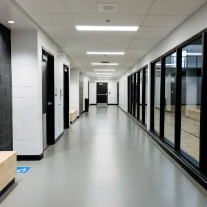 Omnisports vinyl flooring installed in a installed in a school hallway